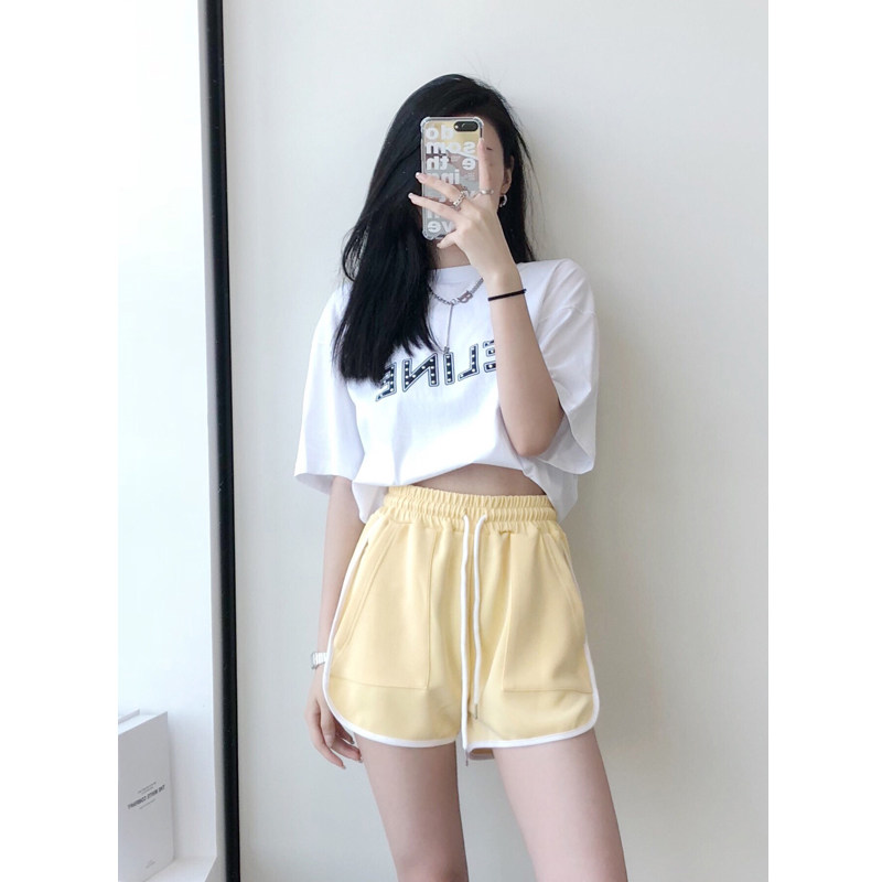 敲舒适白边休闲短裤!夏季显腿长高腰a字阔腿居家运动热裤睡裤女