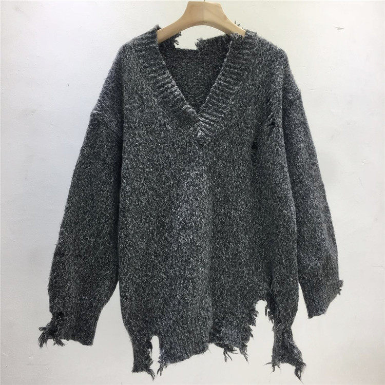 一折破洞毛衣女套头 宽松 乞丐