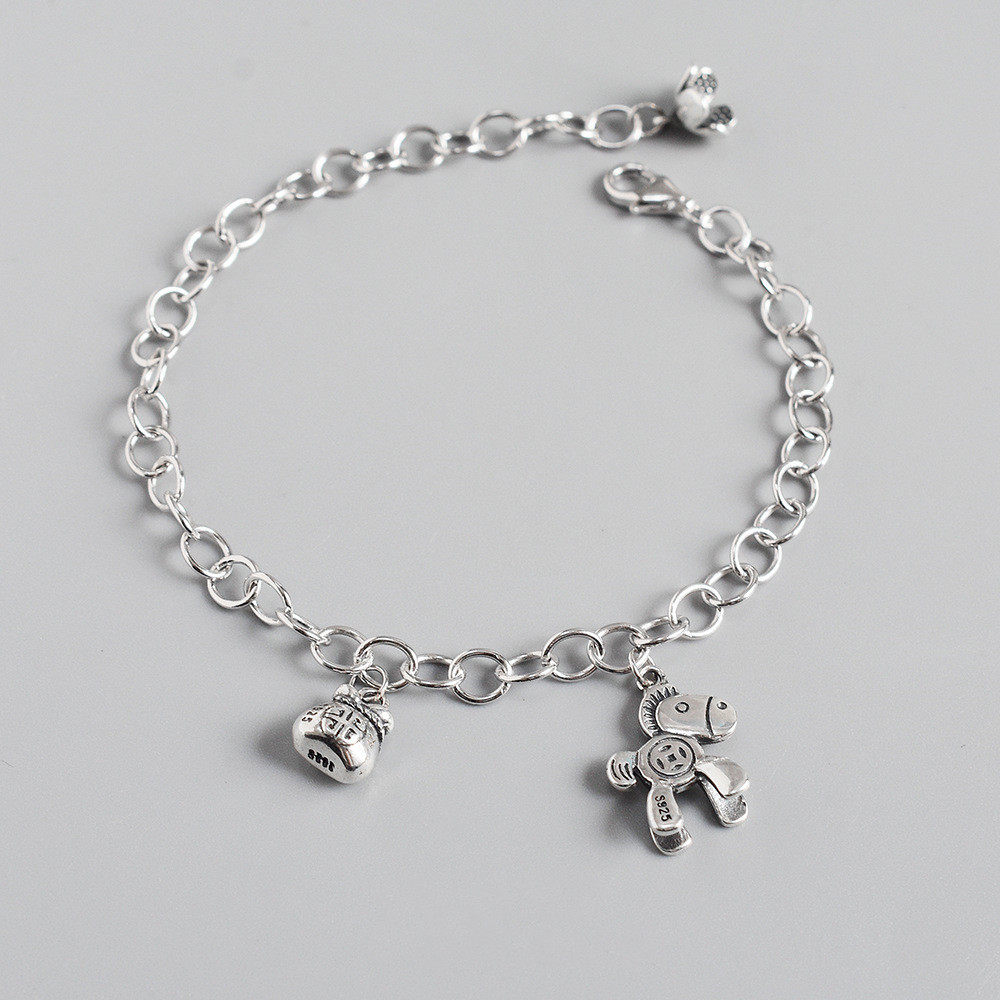 s925纯银手链马上有钱花链条泰银复古小马钱袋小花韩版银饰品