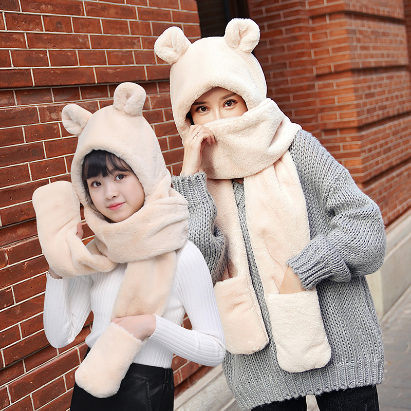 帽子围巾手套一体可爱兔子耳朵韩版学生保暖毛绒连体帽亲子款加厚