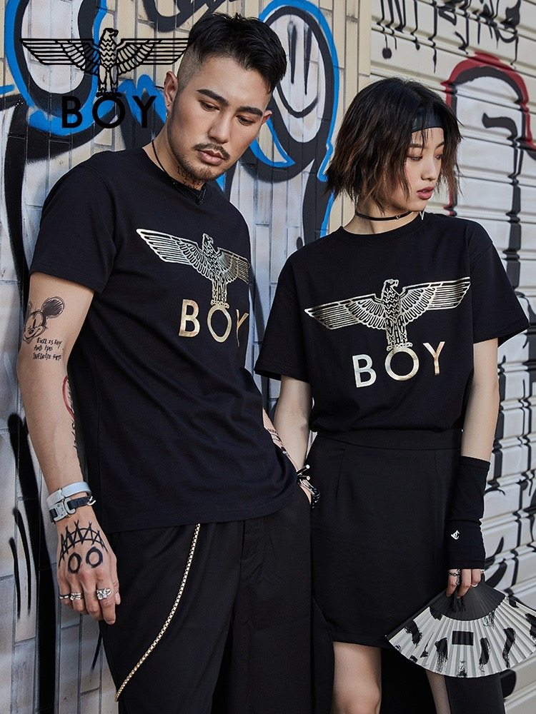 boy短袖男t恤黑色烫金_潮牌boy短袖经典黑色烫金老鹰翅膀简约男女t恤