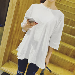韩版简约宽松纯色中长款套头圆领七分袖侧开叉短袖T恤女