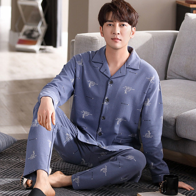 100纯棉睡衣男春秋新款长袖开衫不起球可外穿高档大气全棉家居服