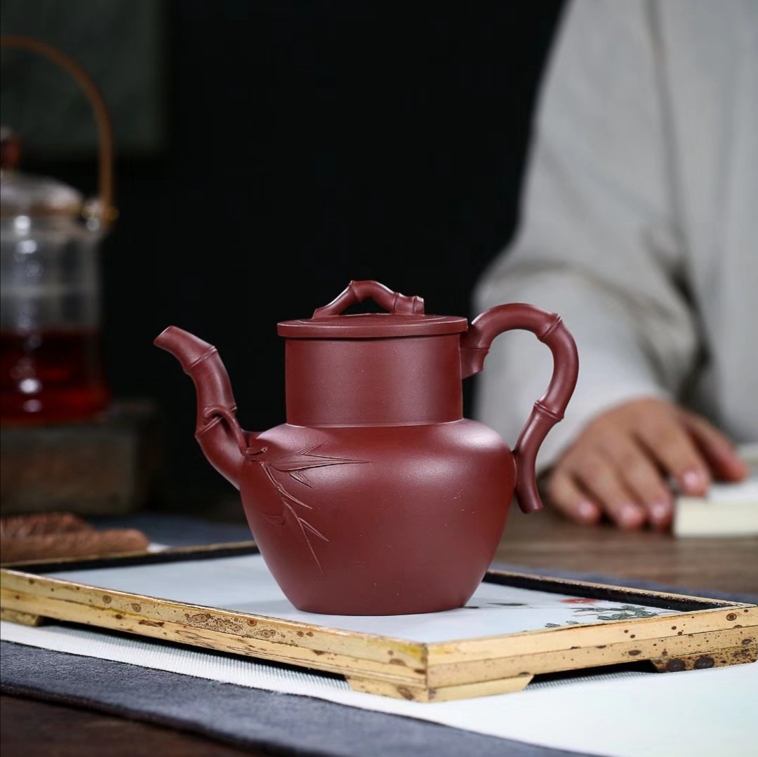 宜兴花器紫砂壶纯手工大容量泡茶壶茶具紫泥僧帽竹段壶约400ml