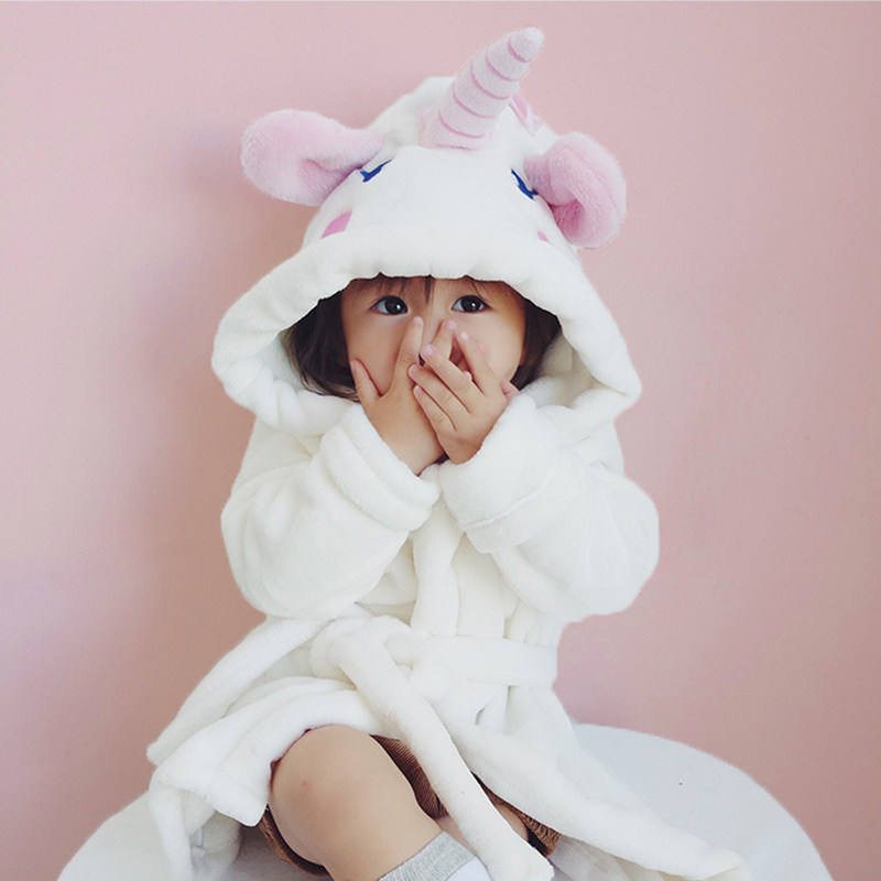 宝宝睡袍女宝宝婴儿冬季女童小珊瑚绒独角兽儿童带帽斗篷浴巾浴袍