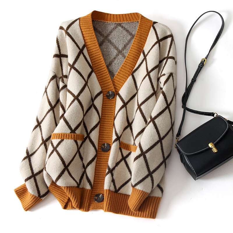 优雅气质宽松韩版复古网格针织开衫小清新减龄毛衣洋气外套女上衣