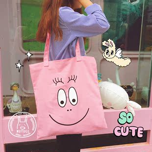 chanel香奈兒gst購物袋粉色 韓國可愛巴巴爸爸粉色帆佈包學生購物袋單肩包軟妹笑臉包女包道具 chanel
