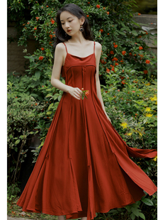 红色连衣裙度假出游拍照吊带长裙毛边设计荷叶边领弗拉明戈仙女裙