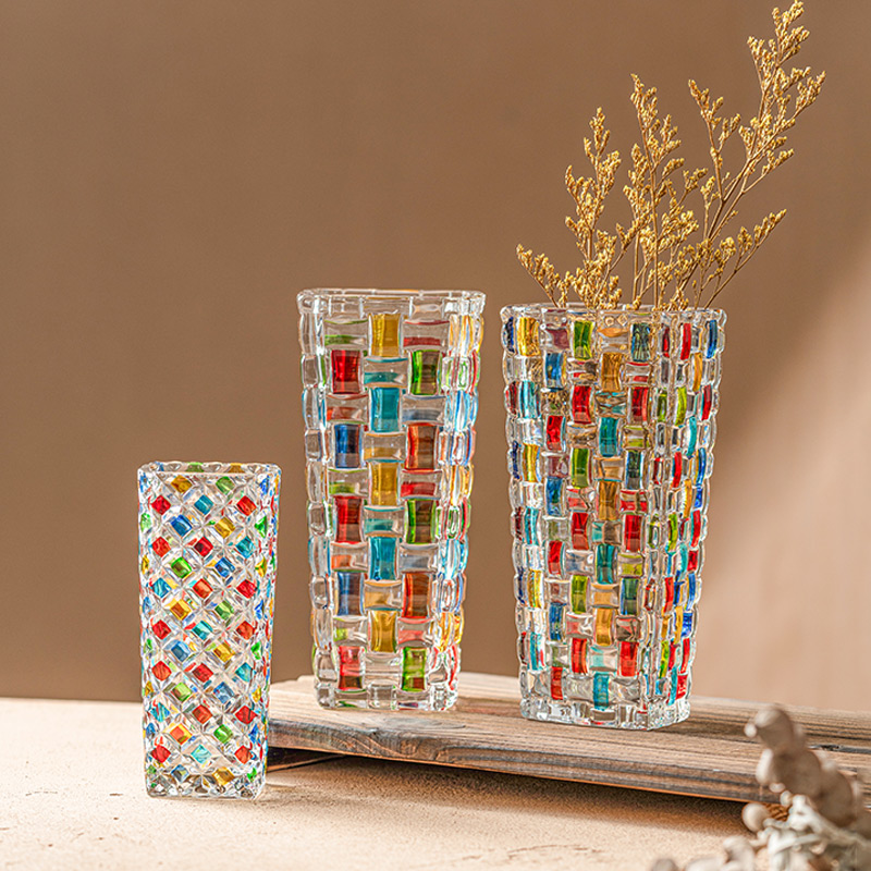 优格彩色编织玻璃花瓶透明干花插花水养家用客厅餐桌创意装饰摆件