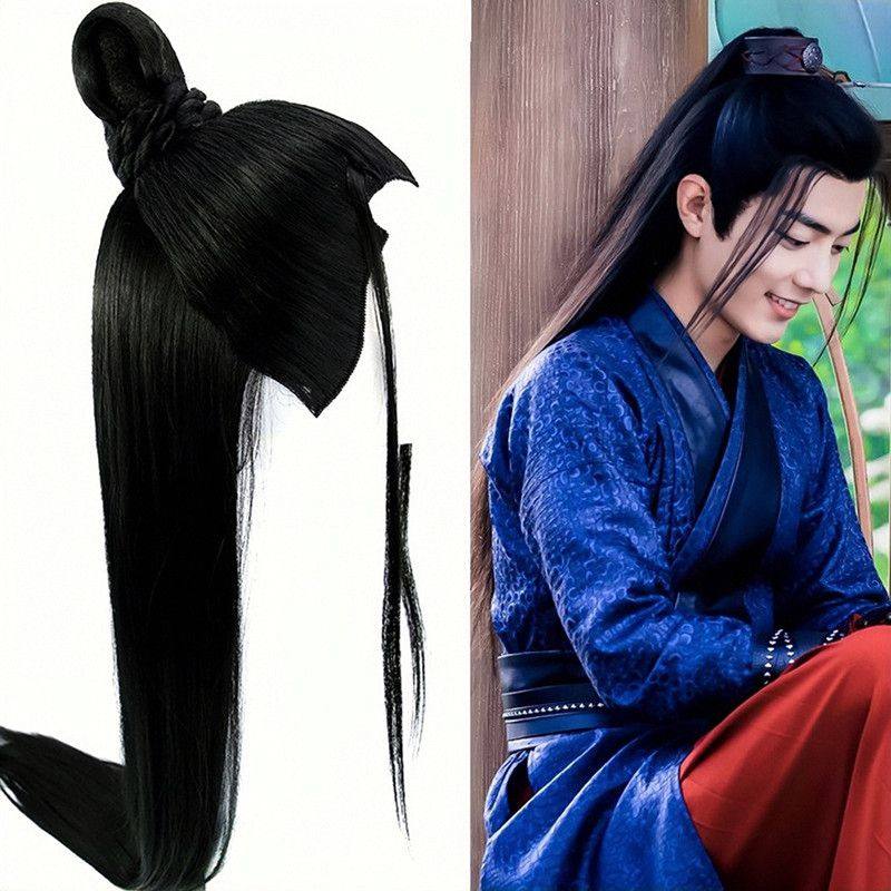 假发头套男古装_包邮古装男假发套长直发古风时尚发髻高温丝齐刘海