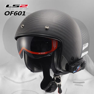LS2新款摩托车碳纤维复古半盔6K真小羊皮内衬男女机车哈雷帽OF601