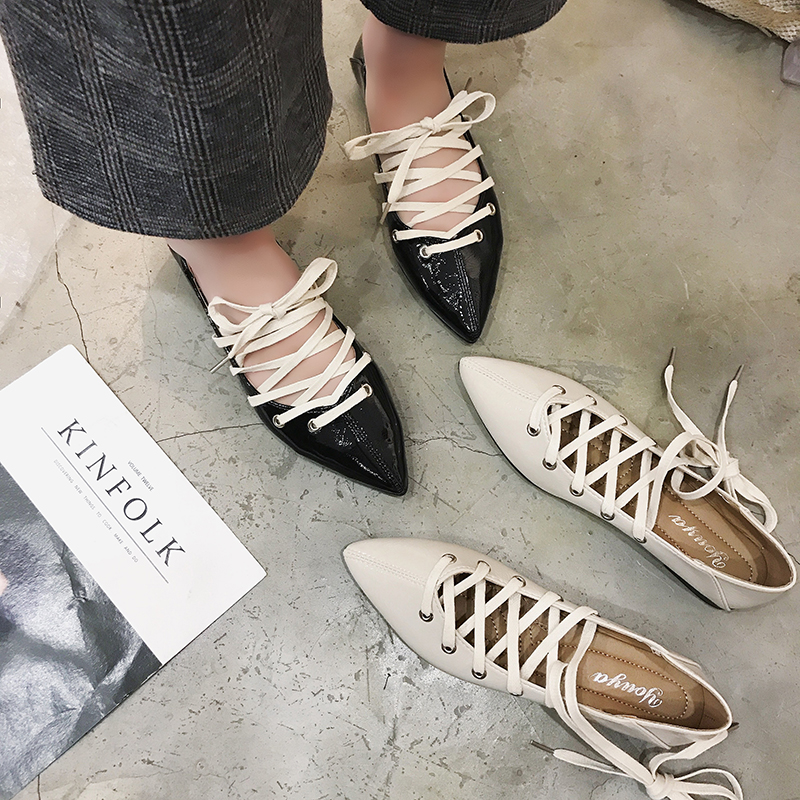 Single shoe girl 2019 Spring new pattern Retro Versatile student Shallow mouth Tip Flat shoes overlapping Bandage Korean Edition Women's Shoesin the Women's Shoes, Low shoes category - from Buy2taobao.com to provide professional Taobao agent buy service