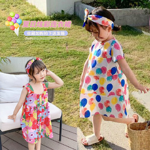 女童连衣裙2024新款夏裙子洋气彩色花朵圆圈印花度假风宝宝吊带裙