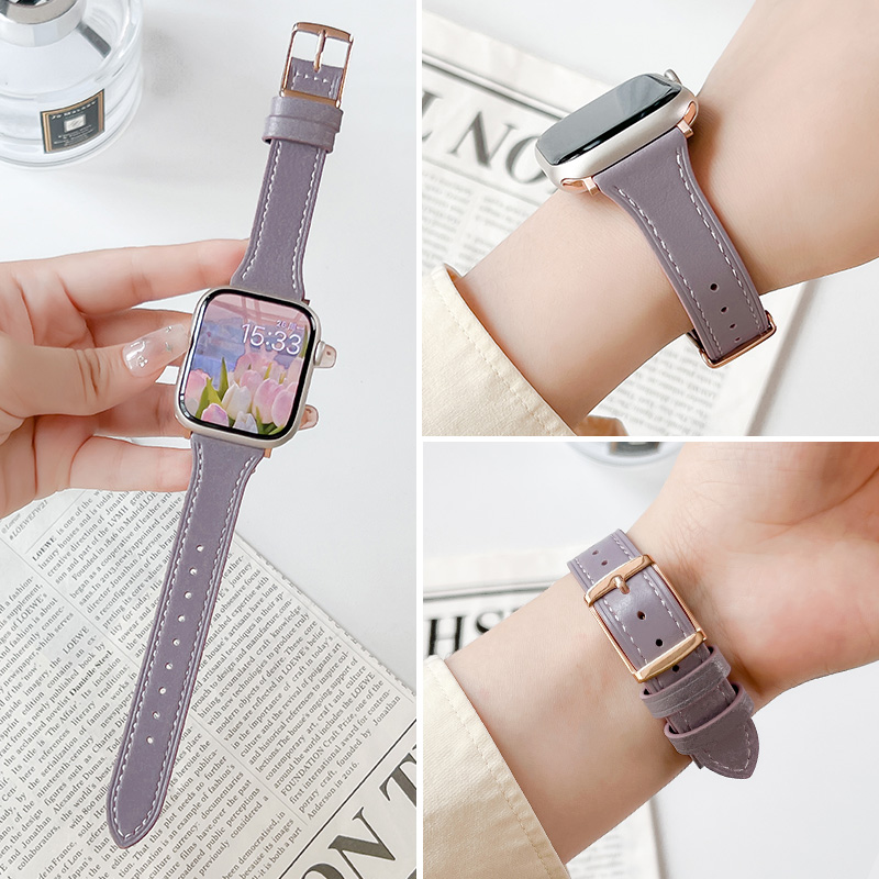 乐诺适用苹果手表表带s8代新款紫色真皮皮质applewatch手表带iwatch7小蛮腰小众s7女款44/45mm鱼子酱小羊皮
