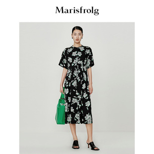 【新能量黑裙】玛丝菲尔夏季新款缎面醋纤衬衫式花稿连衣裙