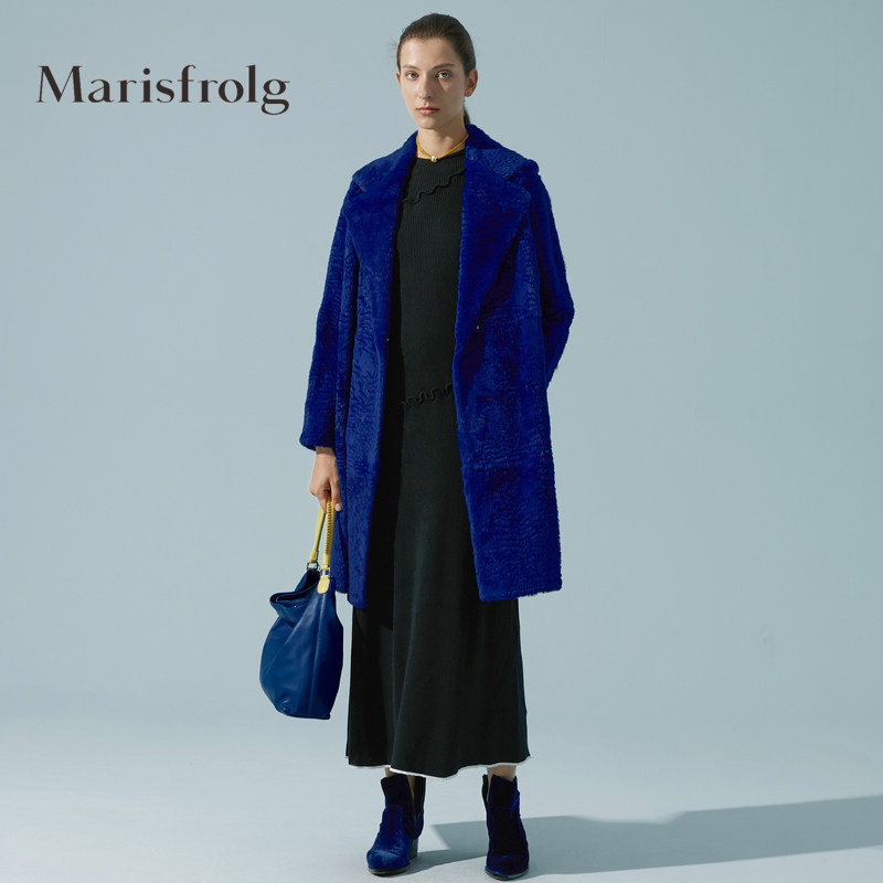 marisfrolg/玛丝菲尔2020年冬季新款真皮蓝色中长款皮草外套女装