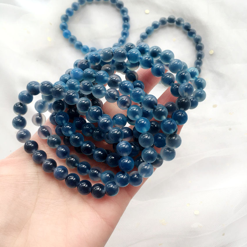 天然蓝糖心玛瑙圆珠手链 女款水晶手串 雾霾蓝黑色蓝沁冰透水润