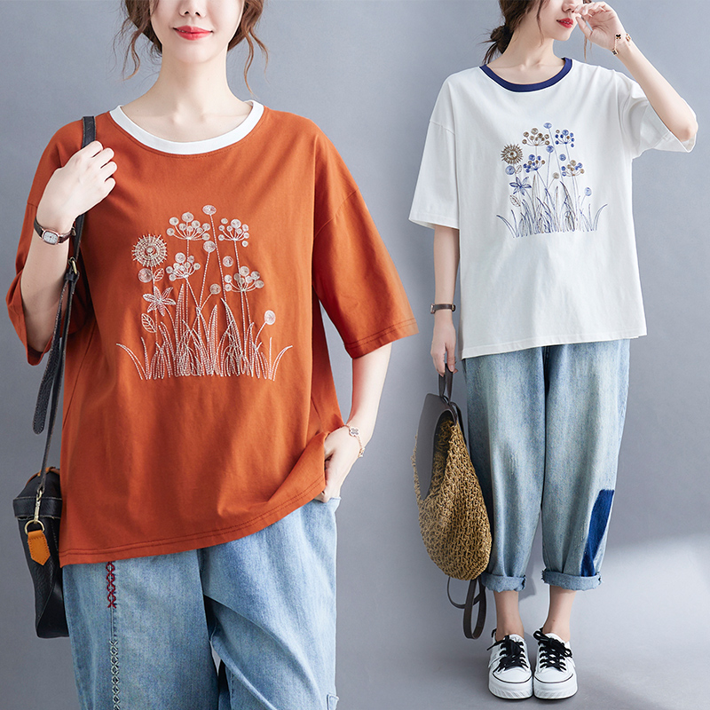 实拍2021夏装新款文艺大码女装纯棉绣花短袖T恤宽松圆领上衣