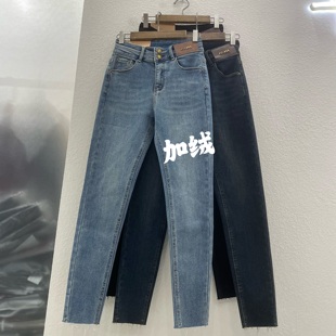 HTZ jeans15027浅蓝色加绒加厚小脚牛仔裤女红提子高腰紧身铅笔裤