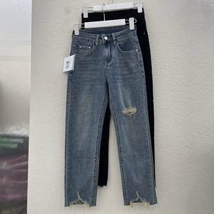 Jeans夏新款恋港59809 59812牛仔裤女黑色弹力小直筒烟管裤九分