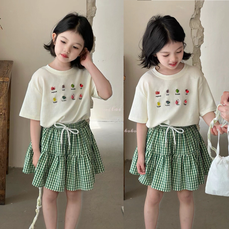 milaikoko韩版儿童上衣24夏款女童手工钉珠印花短袖T恤格子短裙