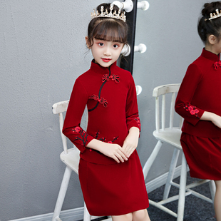 女童旗袍中国风红色儿童改良中式古筝演出服大童长袖唐装礼服春秋