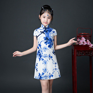 儿童旗袍大童中国风女童青花瓷小女孩童装连衣裙古筝演出服夏季