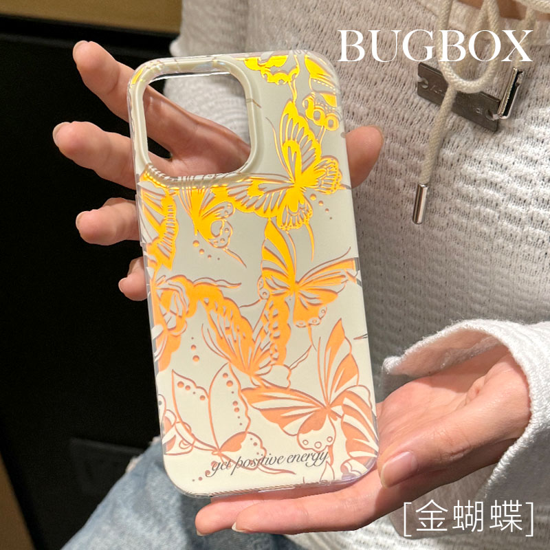 BUGBOX新款春夏梦幻金闪蝴蝶双层手机壳适用苹果iPhone15Pro高级简约14ProMax女生13保护套15软壳个性