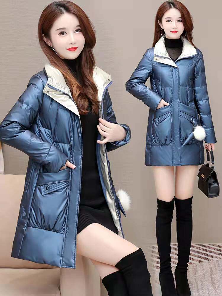 时尚亮面免洗女士羽绒服女2021冬装新款中长款加厚洋气白鸭绒外套