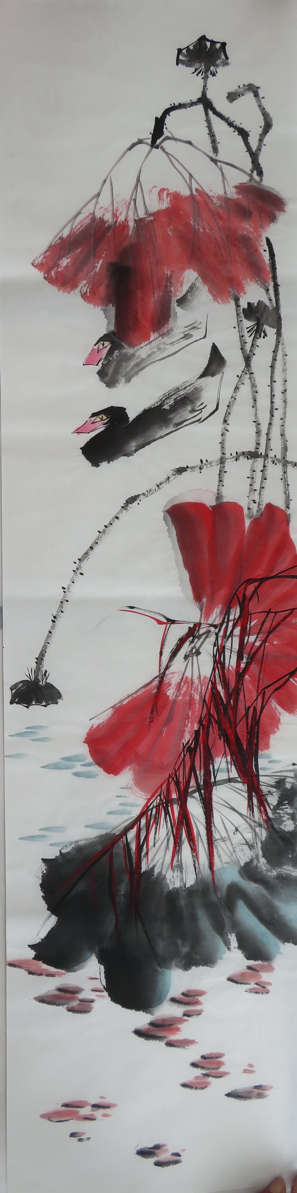 手绘对开写意装饰客厅单幅荷花四尺花鸟特价国画