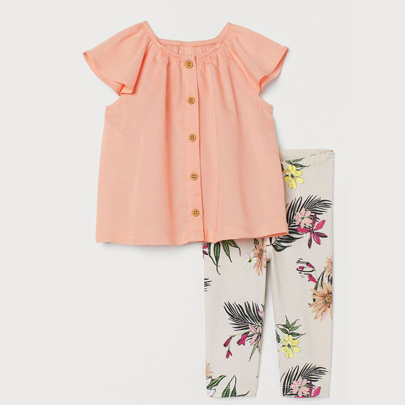 5折hm专柜童装幼童女婴儿宝宝短袖上衣和柔软棉质打底裤夏季套装