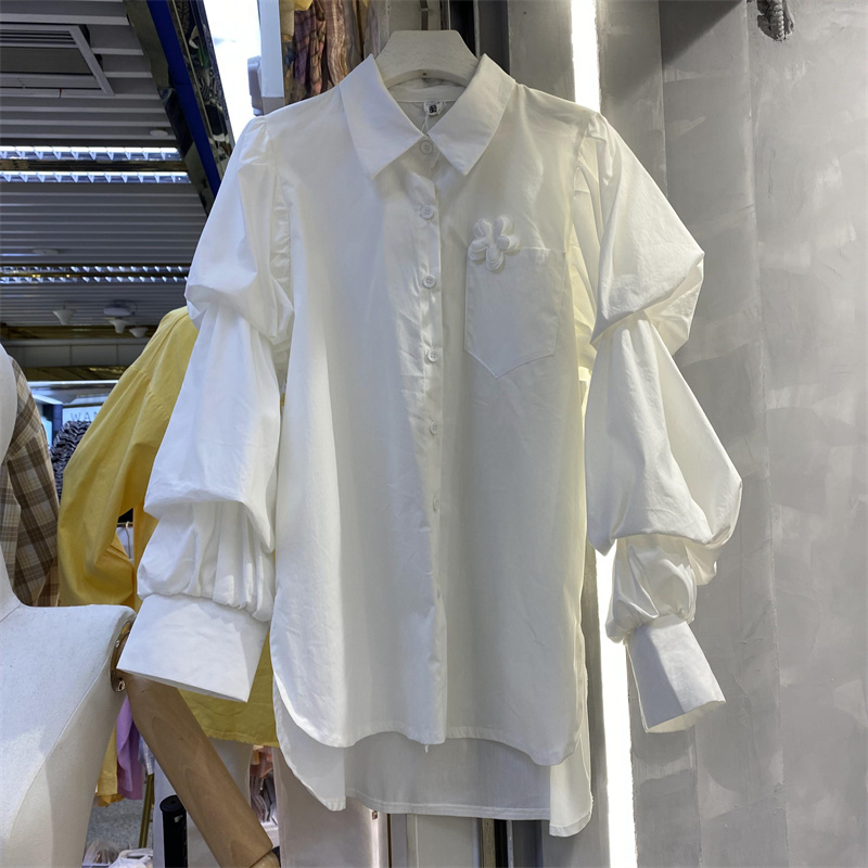 2022早春欧洲站衬衫女法式宫廷复古设计感褶皱灯笼袖白色衬衣