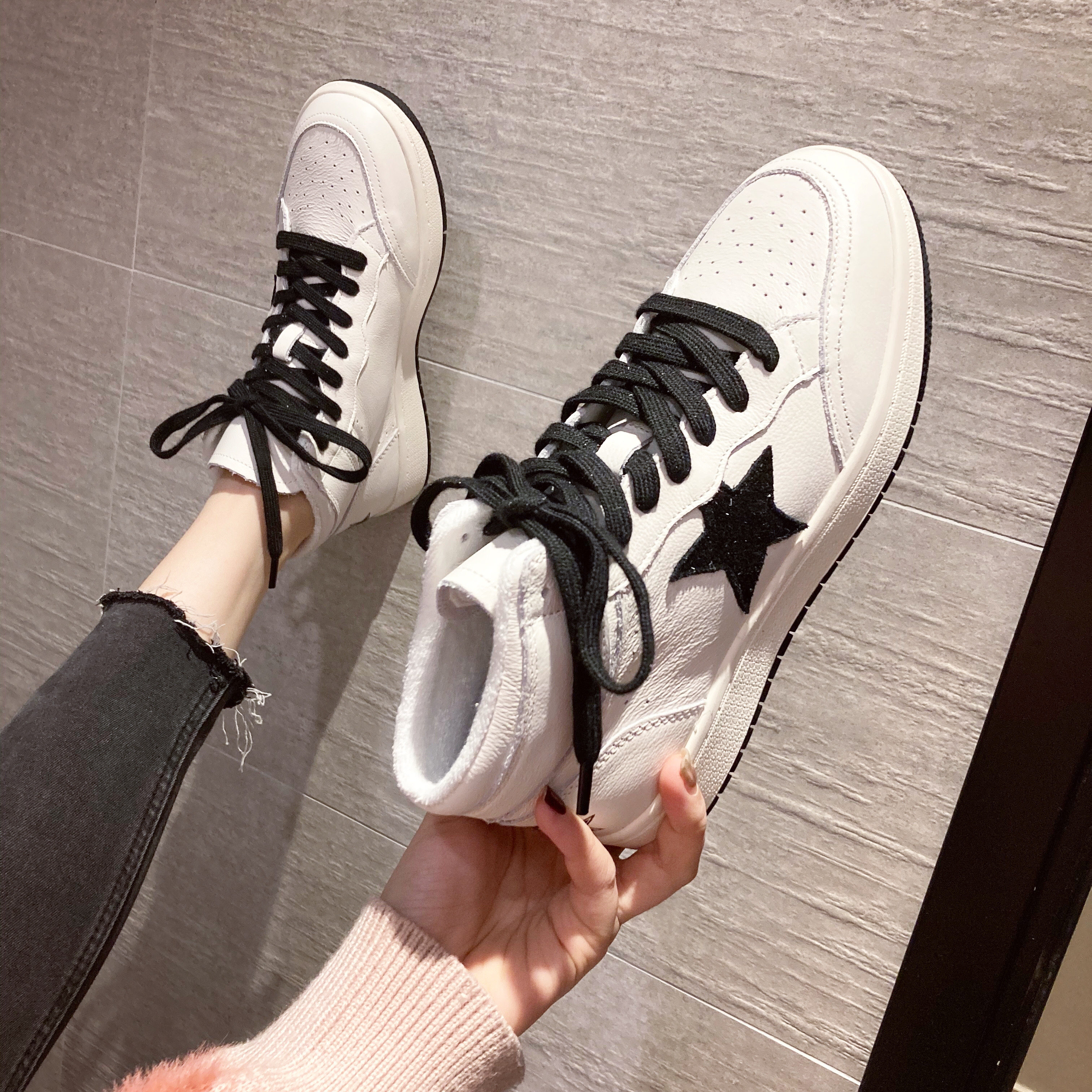 头层真皮内增高跟5cm星星女鞋休闲高帮鞋小个子牛皮单鞋休闲板鞋