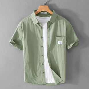 卡其休闲短袖衬衫男款夏季复古工装灰色开衫绿色短袖潮流时尚纯棉