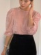 现韩国东大门代购PROPER女24春季洋气泡泡袖圆领露背系带丝绒衬衫