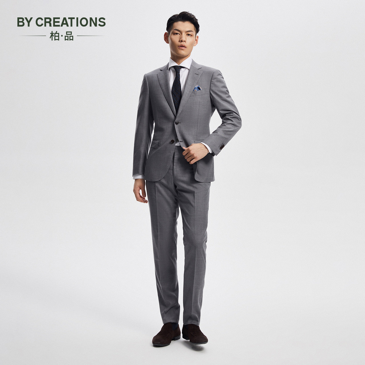 bycreations柏品羊毛西服套装男士商务灰色结婚婚礼新郎西装职业