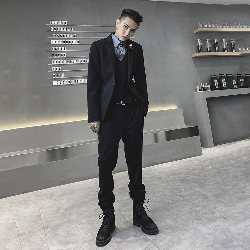 哈吉斯 男装 dstyle studio我叫得仔 暗黑禁欲系黑色西装三件套韩版