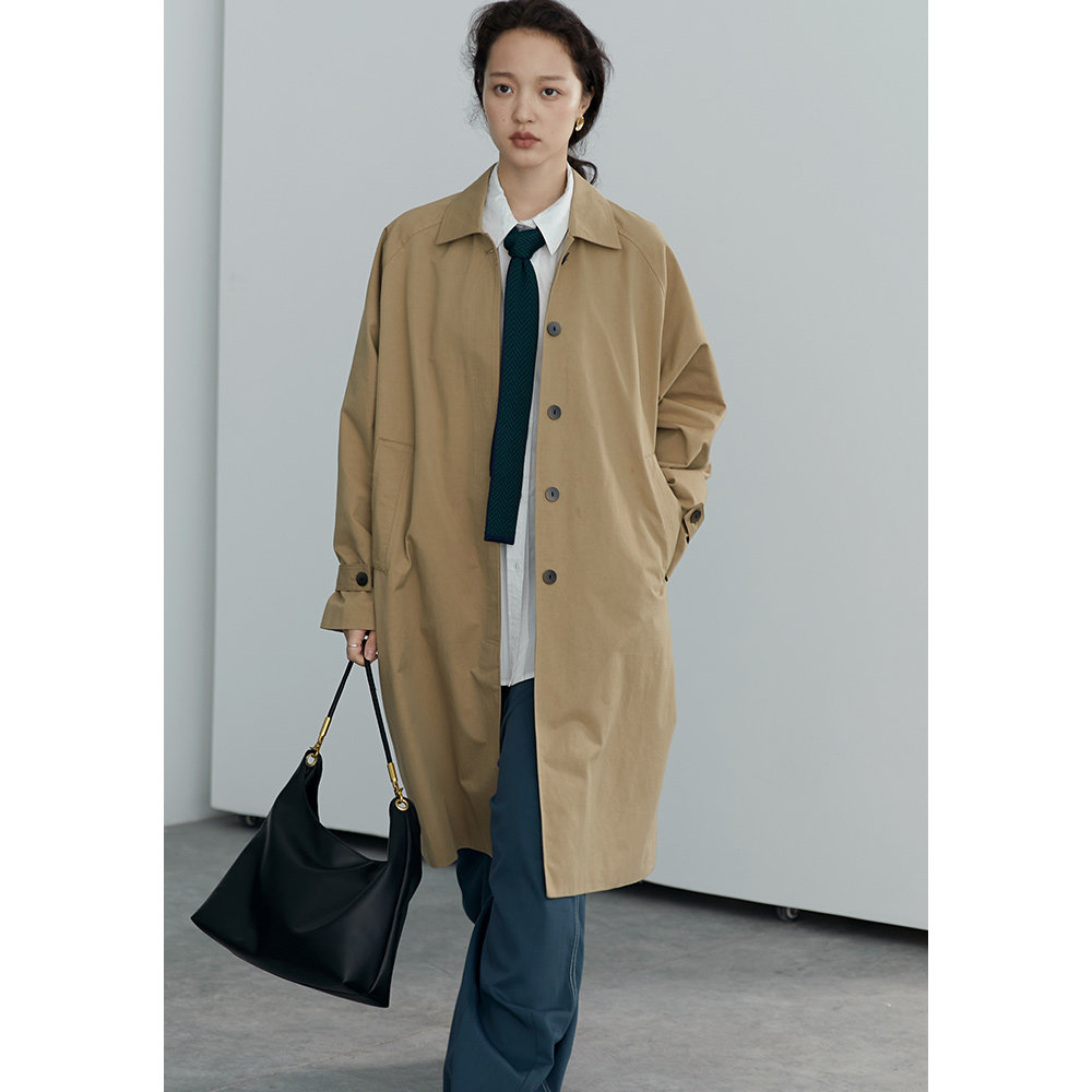 卡其色中长款风衣外套女prodbldg春秋宽松版插肩袖单排扣过膝大衣