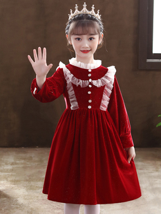 儿童礼服公主裙秋冬款洋气丝绒裙子红色生日连衣裙女童宴会晚礼服