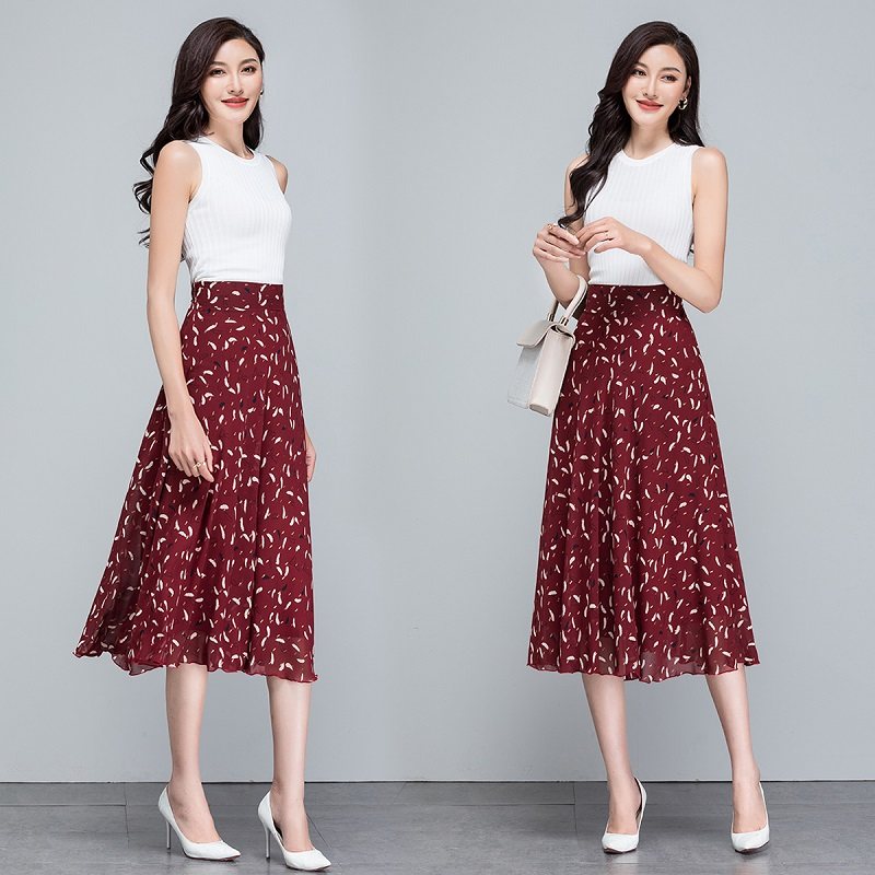 夏季薄款中长裙高腰显瘦休闲女裙雪纺碎花半身裙修身a字裙女中裙