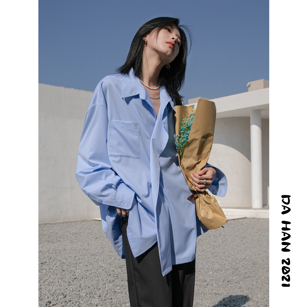 蓝色中长款衬衫女