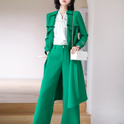 Xinyuquan 2021 spring new fashionable green ladies president wide-leg pants suit mid-length trench coat two-piece set