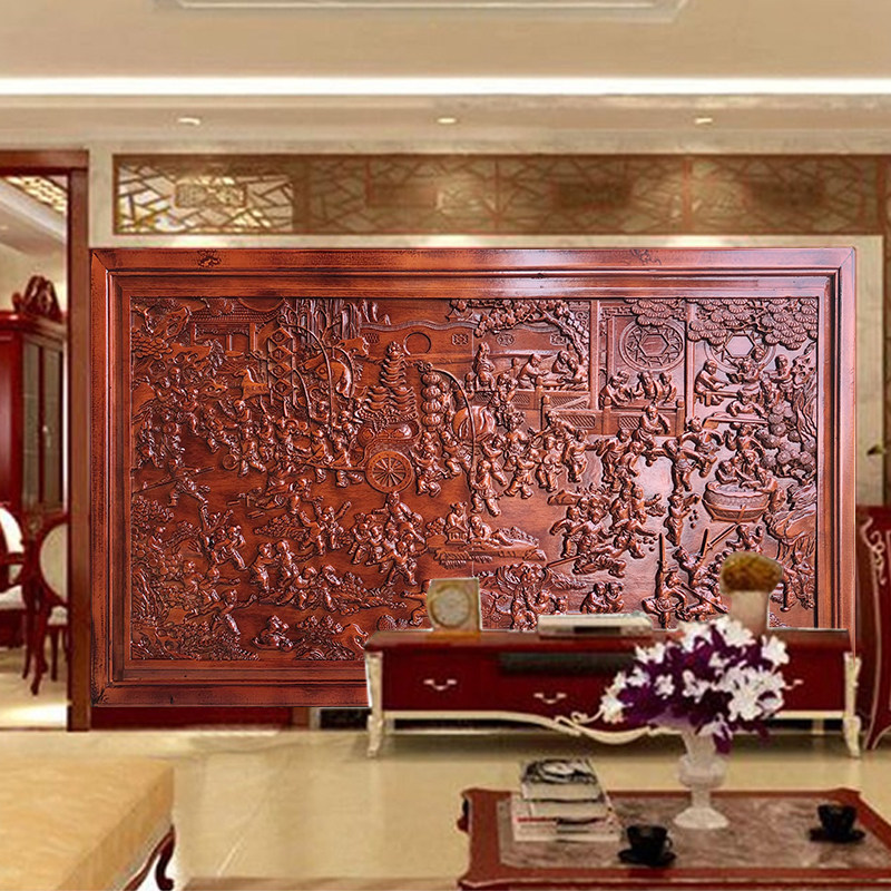东阳木雕中式复古风格实木浮雕百子图客厅背景墙挂件工厂直销包邮
