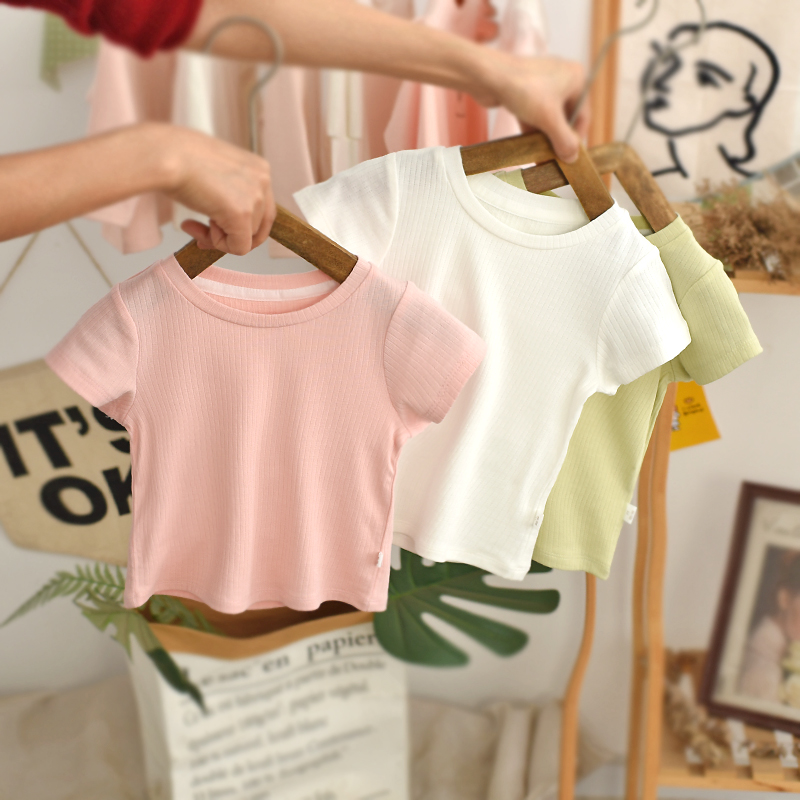 婴儿夏装T恤纯色百搭圆领女童短袖上衣网红薄款女宝宝半袖打底衫