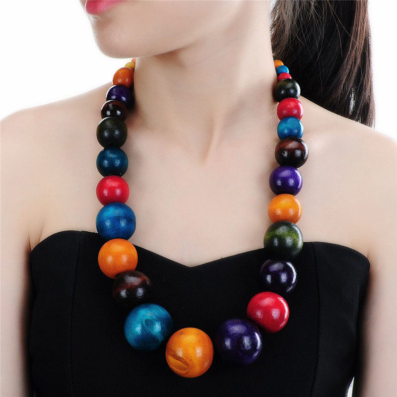 新款波西米亚彩色大木珠手工长款项链女民族风时尚串珠项链