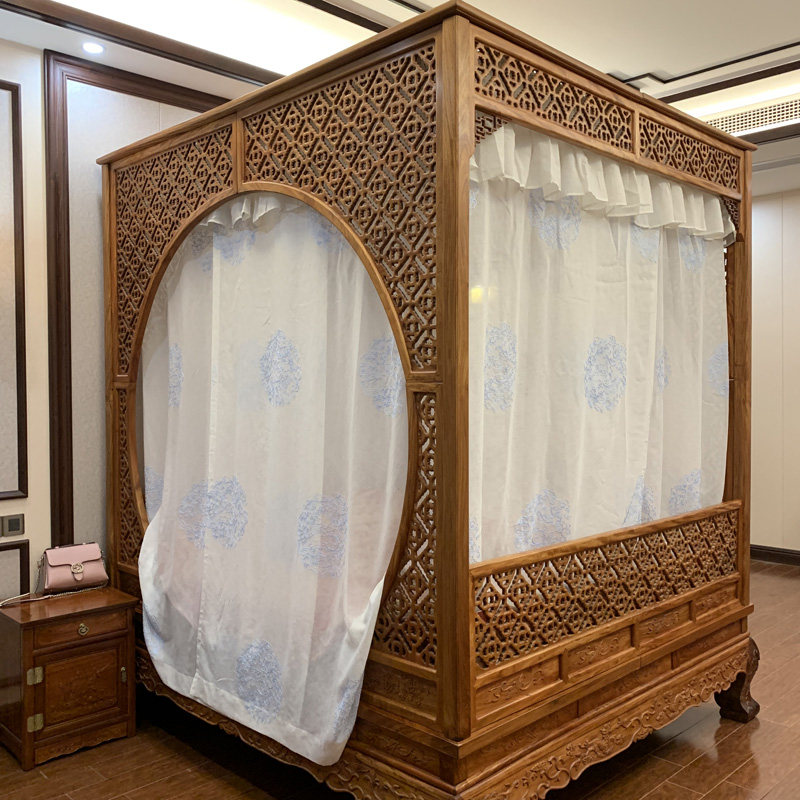中式仿明清古典月洞拔步架子床蓝色祥云亚棉麻绣花纱防蚊装饰床幔