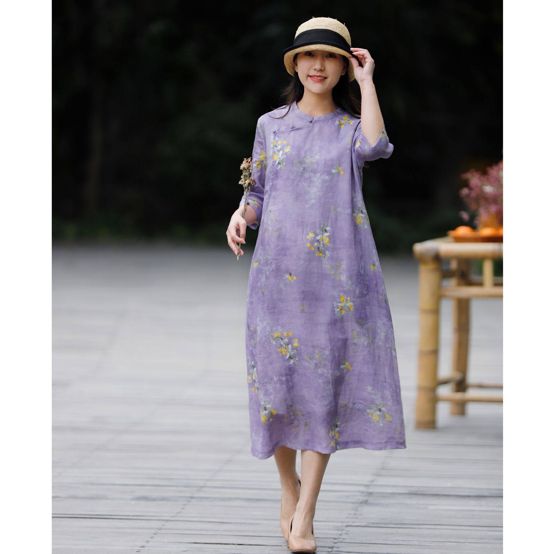 2022年夏季新款原创高端棉麻女装复古苎麻印花改良旗袍立领女裙