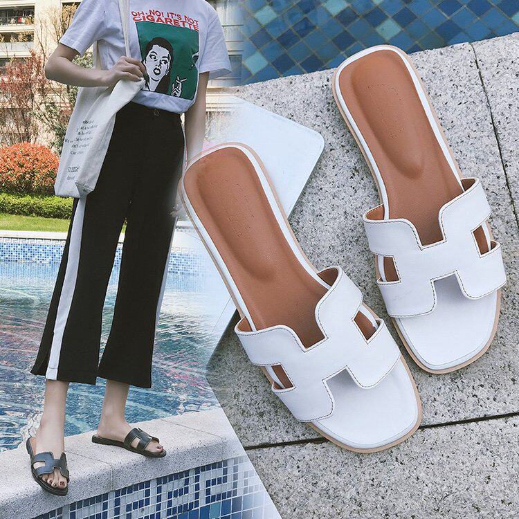 H字软底白色拖鞋女夏2018新款时尚外穿海边度假沙滩凉拖h一字拖女