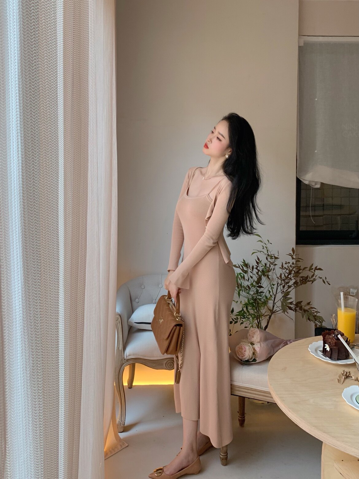 章蜜糖 温柔气质名媛小姐姐纯欲高挑不规则针织两件套连衣裙长裙