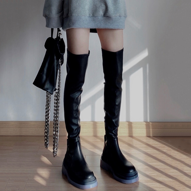 mona同款厚底松糕拉链长靴aw bv真皮过膝靴高筒靴弹力靴瘦瘦靴女